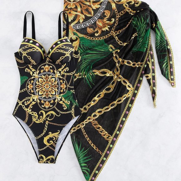 Multicolor Preppy Womens Chain Print Push Up One Piece Swimsuit With Beach Skirt - Picture 5 of 5